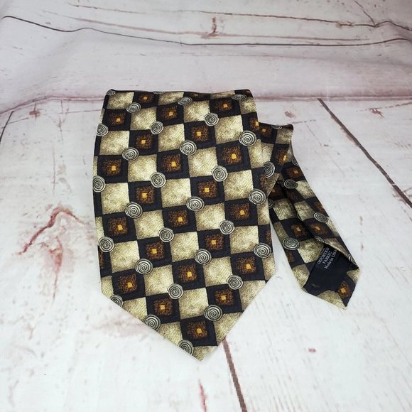 Rare Design Siena Collezione Brown Square Circle Imported Fabric All Silk Tie - Picture 1 of 11